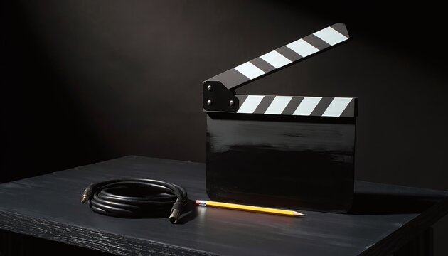 A professional film clapperboard, cable, and pencil sit on a dark table, representing the creative process of filmmaking. This cinematic scene includes no people, evoking inspiration and focus.