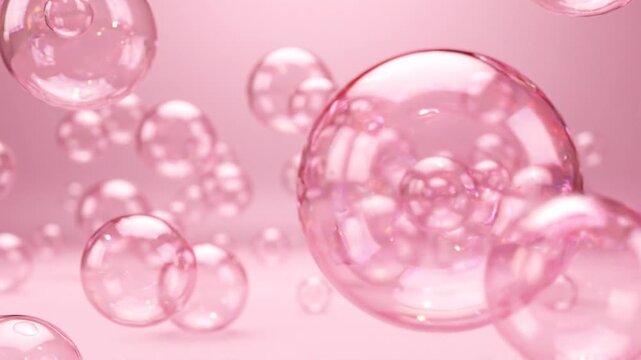Translucent pink glass bubbles float gently in a clean seamless beauty-inspired 3D background.
