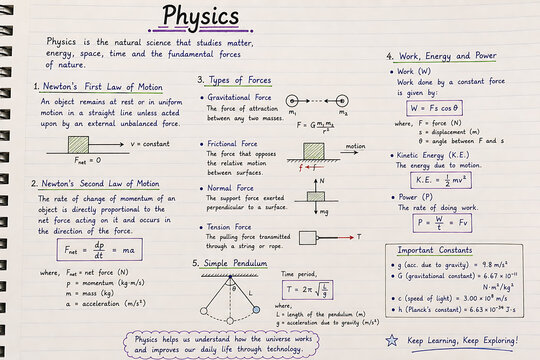 Handwritten Physics Educational Notes with Formulas Newton Laws and Pendulum Diagram