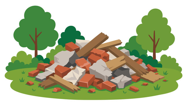 Vector illustration of a pile of construction debris including broken red bricks, wooden planks, and concrete rubble dumped illegally on green grass in a park with trees in the background.