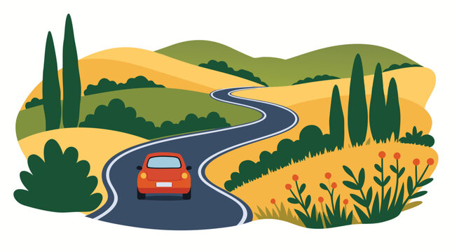 Flat Vector Illustration of a Small Red Car Driving on a Winding Scenic Road Through Rolling Yellow and Green Hills with Cypress Trees, Bushes, and Wildflowers; Summer Road Trip Concept Art.
