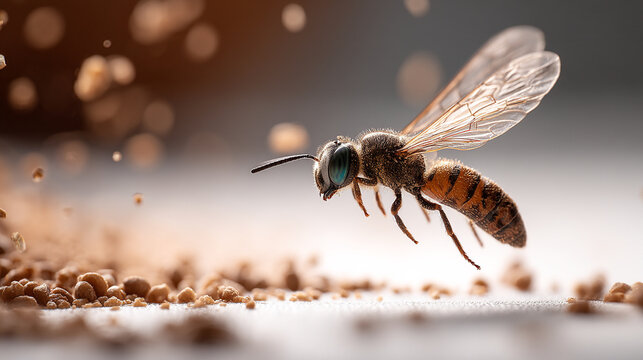 Small bee flying close to scattered grain particles and dust on bright surface with honeybee