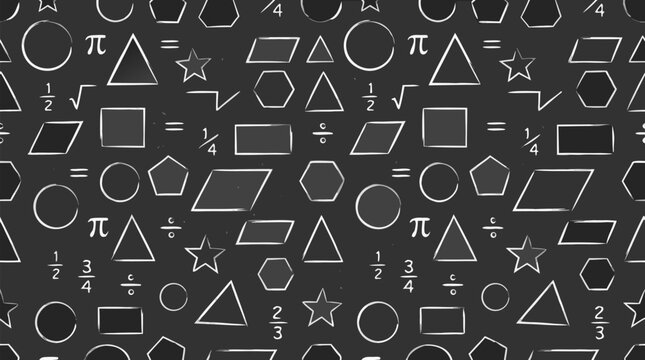 Seamless Pattern of Hand Drawn White Chalk Geometric Shapes and Math Symbols on a Black Chalkboard Background; Includes Circles, Triangles, Stars, Pi, Fractions, and Square Roots for Education.