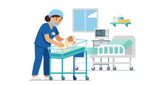Flat vector illustration of a professional female nurse in blue scrubs and mask caring for a swaddled newborn baby in a hospital bassinet, maternity ward medical room with bed and monitor.