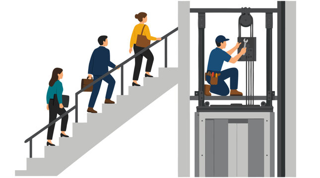 Flat Vector Illustration of a Mechanic Repairing a Broken Elevator Shaft with a Wrench While Office Workers and Business People Climb the Nearby Concrete Stairs in a Modern Office Building.