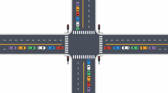 Top-down flat vector illustration of a busy four-way urban road intersection with rows of colorful cars stopped at red traffic lights, featuring zebra crosswalks and clear lane markings.