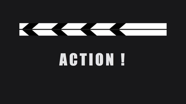 Cinematic clapperboard closing with action text overlay for production and media projects animation 4k