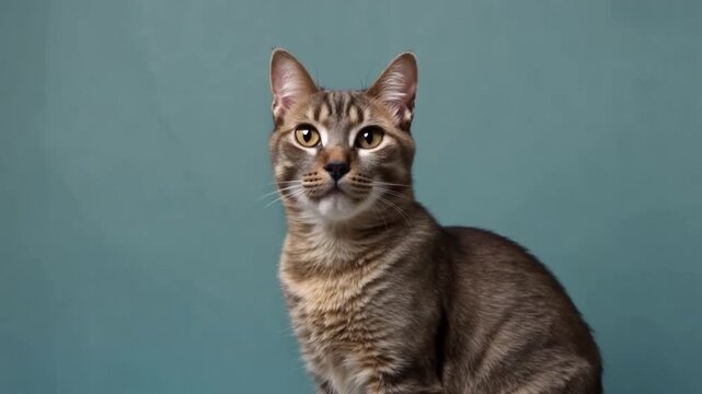 Elegant domestic cat looks at the camera against a clean teal studio background with advertising copy space.