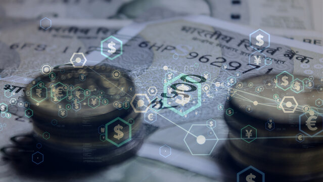 Indian rupee currency trading and financial economy analysis concept. Stacks of coins on Indian rupee banknotes background overlaying glowing currency icons and abstract digital network data lines.