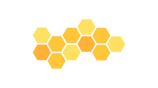 Hexagonal honeycomb pattern layout made of bright yellow and orange cells isolated on a white background with honey comb bee hive honeycomb grid geometry