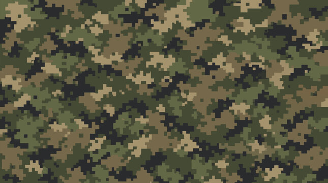 Seamless Military Digital Camouflage Pattern Vector Illustration. Pixelated Woodland Tactical Army Background Texture with Green, Brown, and Tan Tones for Fabric, Apparel, and Graphic Design.