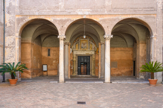 The Basilica of Santi Quattro Coronati in Rome, the main entrance to the medieval church located on the Caelian Hill