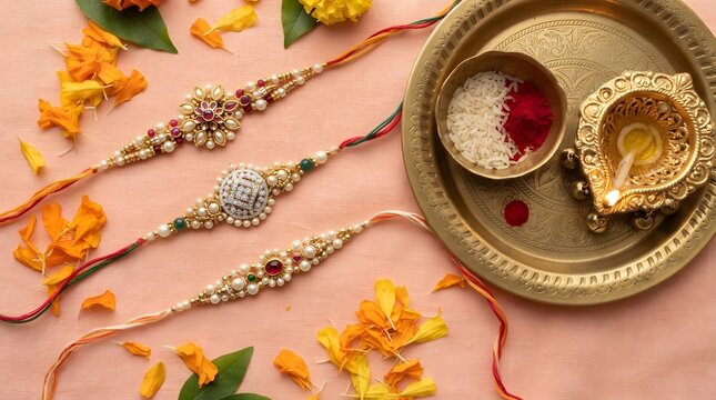 Traditional rakhi bracelets with rice, vermilion, and a lit diya on a golden plate, surrounded by marigold flowers on a soft pink background