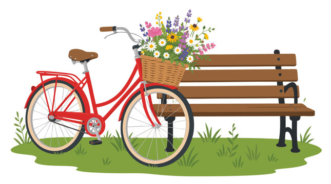 Charming red vintage bicycle with a wicker basket overflowing with vibrant wildflowers parked next to a classic wooden park bench on a patch of green grass, vector illustration on white background.