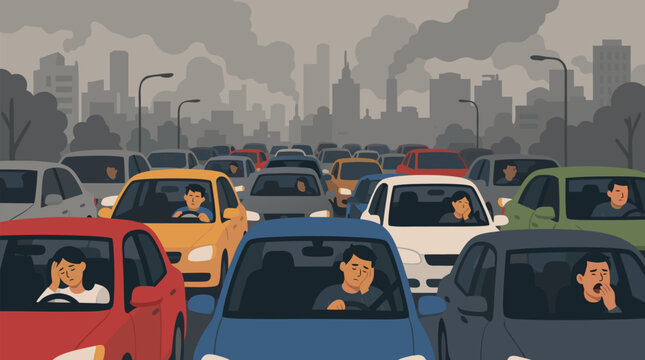Vector illustration of a massive traffic jam in a polluted city with exhausted drivers stuck in bumper-to-bumper cars under a thick smoggy sky, depicting urban congestion and air pollution.