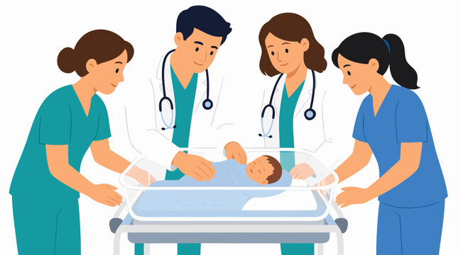 Professional medical team of doctors and nurses caring for a newborn baby in a hospital bassinet, pediatricians providing neonatal care in a maternity ward, flat vector illustration on white.