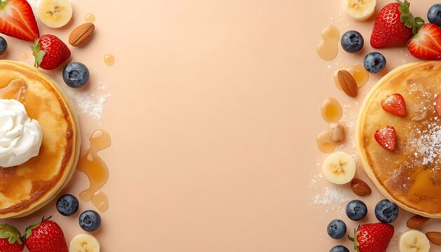 Golden breakfast pancakes with berries and syrup on soft peach backdrop.