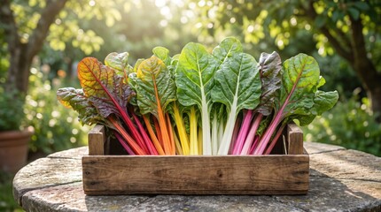 Fototapeta premium Fresh organic rainbow chard stems in rustic wooden crate outdoors. Concept of harvested, swiss chard, fresh vegetables, organic produce. Copy space.