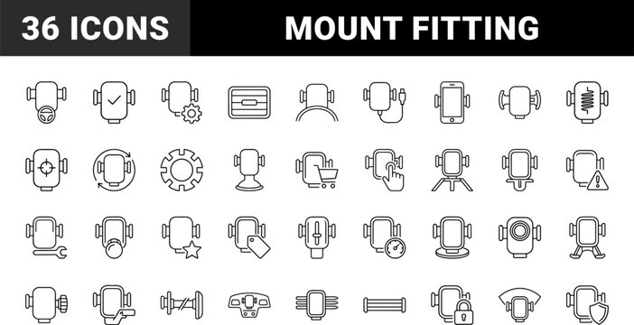Car Phone Mount Fitting Web Icon Set in Linear Style. Collection of Cradle Installation line icons, including clamping, dashboard setup, vent clips, suction cups, articulation, security.