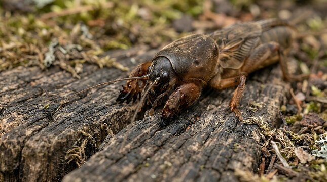 Detailed Close Up View of Subterranean Insect Showing Specialized Digging Appendages on Aged Wooden Surface insect mole cricket macro bug pest wildlife nature detail close up claw wood stump bark
