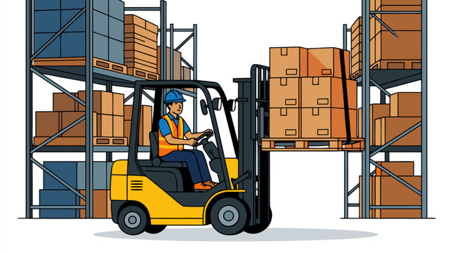Professional Warehouse Worker in a Hard Hat and Safety Vest Operating a Yellow Forklift to Lift a Pallet of Boxes in a Large Storage Facility with Industrial Shelving, Vector Illustration.