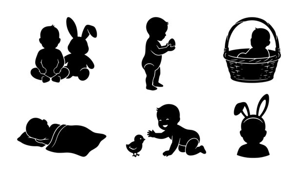 Baby Silhouette Collection, Newborn and Toddler Poses, Easter Bunny Elements, Child Activity Icons, Vector Graphics for Design