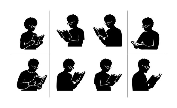 Silhouette Reading Figures, Diverse Poses, Book Study Icons, Education Vector Set, Knowledge Acquisition Graphics