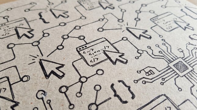 Hand Drawn Web Development Sketches with Code Icons and Cursor Clicks on Paper Texture. Concept of coding, background, software engineering, programming.