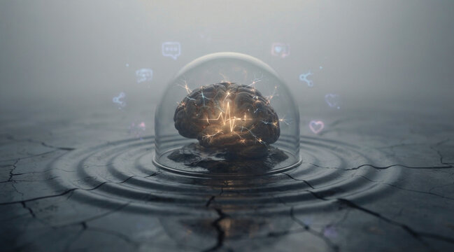 Isolated brain inside a glass dome with fading pulses and empty ripples, symbolizing loneliness and mental health strain.