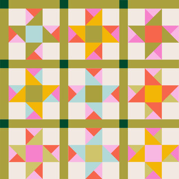 Geometric plaid star cross seamless pattern combining tartan grid lines and modern quilting block motifs.