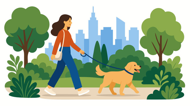 Vector illustration of a young woman walking a happy dog on a leash through a leafy green city park with a modern urban skyline background, concept of healthy lifestyle and pet care.