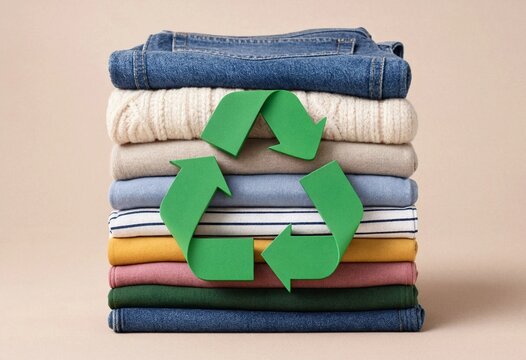 Folded clothing with a green recycling symbol represents sustainable fashion, textile reuse, circular economy, conscious consumption, eco-friendly living, and responsible apparel choices.