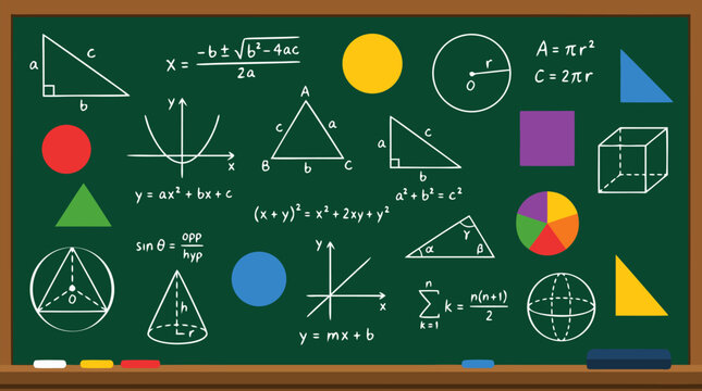 Green blackboard filled with colorful geometric shapes, triangles, circles, squares, and handwritten math formulas, equations, and graphs in white chalk, education concept vector