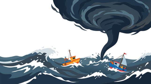Dramatic vector illustration of a powerful waterspout tornado touching down on a stormy ocean with high waves, white foam, and small fishing boats struggling in the turbulent deep blue sea.
