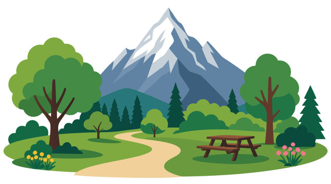 Stylized Vector Illustration of a Scenic City Park with a Winding Path, Green Trees, a Wooden Picnic Table, and a Majestic Snow-Capped Mountain Peak in the Background on a White Background