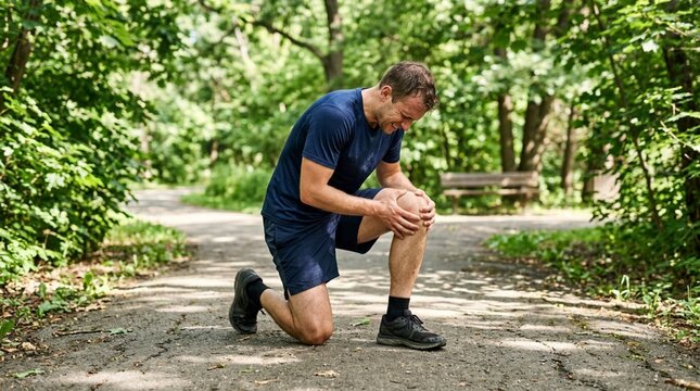 Athletic man kneeling on paved park path gripping knee in pain, wearing navy athletic shirt and dark running shorts surrounded by lush green foliage