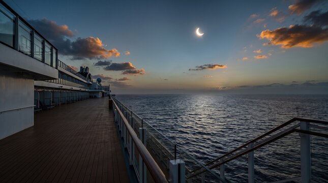 Cruise ship deck view of ocean during a crescent sun at dusk