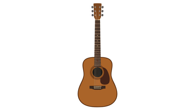 Classic Acoustic Guitar Vector Illustration, Warm Brown Wooden Body Musical Instrument with Six Strings, Soundhole, and Fretboard, Isolated on White Background for Music Design and Folk Art.