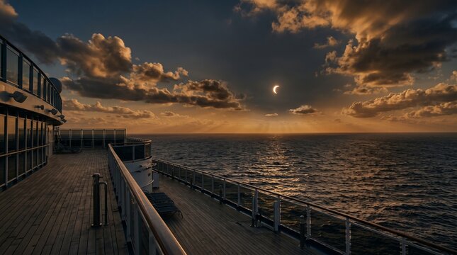 Cruise deck overlooking ocean with a dramatic crescent sun sunset