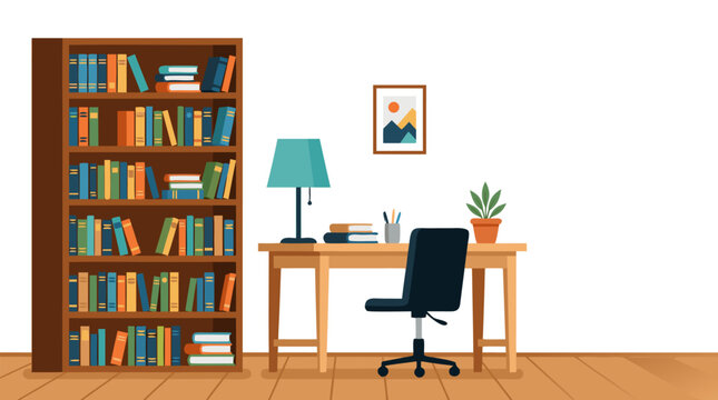 Tidy home office room illustration featuring tall wooden bookshelf full of colorful books, wooden desk with teal table lamp, black swivel chair, potted plant, framed mountain art, bold flat colors