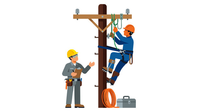 Two Electrical Linemen in Hard Hats and Safety Gear Repairing a Wooden Utility Pole with Climbing Equipment, Flat Vector Illustration of Power Line Workers and Engineers Isolated on White.