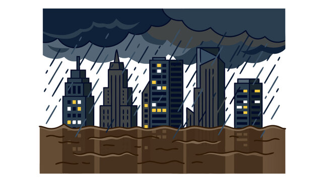 Flat Vector Illustration of a Modern City Skyline Submerged in Brown Floodwater During a Heavy Rainstorm with Dark Storm Clouds, Representing Urban Natural Disaster and Climate Change Impact.