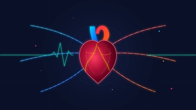 Heart Illustration with Cardiac System Visualization Featuring Heartbeat Graph and Colorful Elements for Medical and Health Purposes