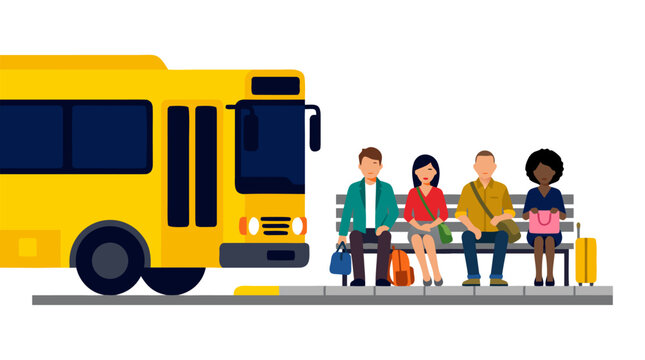 Diverse group of commuters sitting on a bench at a bus stop waiting for a yellow public bus to arrive. Flat vector illustration of urban transportation, public transit, and people traveling.