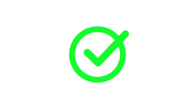Green check mark icon animation video. Correct, choice, tick symbol, success, approval sign, and ok button isolated on a black and white background