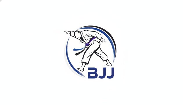 Brazilian Jiu-Jitsu martial artist in a gi with a purple belt, depicted in a dynamic logo illustration with blue accents on a white background