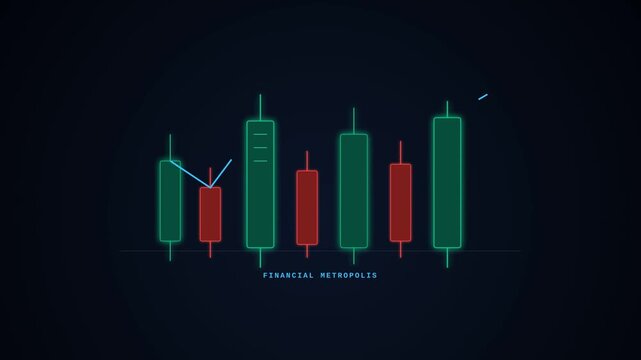 Abstract portrayal of a financial cityscape featuring dynamic stock market candlestick charts with green and red colors against a dark background