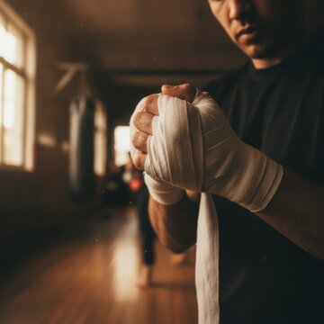 Boxer Preparing for Training with Hand Wraps, concept of preparation and determination