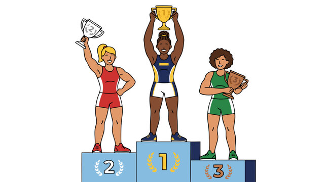 Three Diverse Female Athletes Celebrating Victory on a Winners Podium, Gold Silver and Bronze Medalists Holding Trophies High, Flat Vector Illustration Isolated on a Plain White Background.