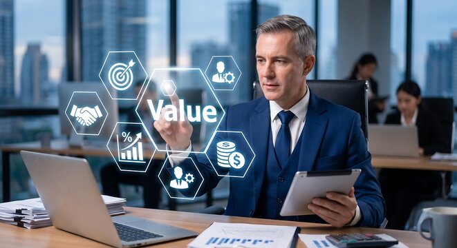 Businessman pointing at virtual glowing value hexagon hologram with corporate finance and management icons